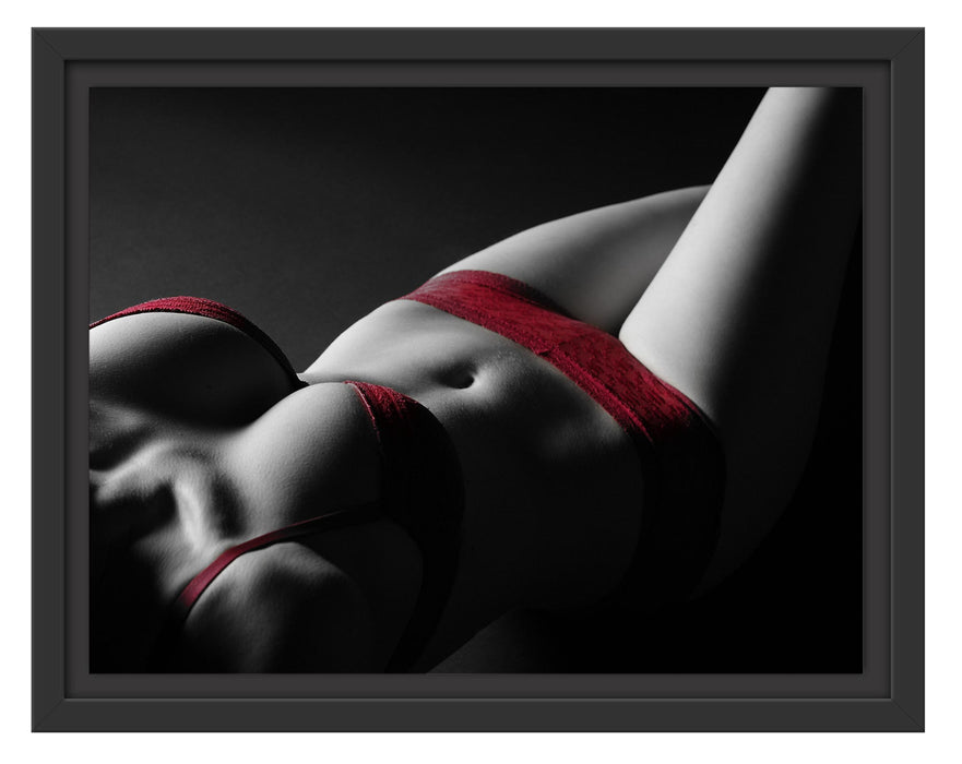 Pixxprint Frauenkörper in sexy roter Unterwäsche B&W Detail, im Schwebe-Effekt Bilderrahmen