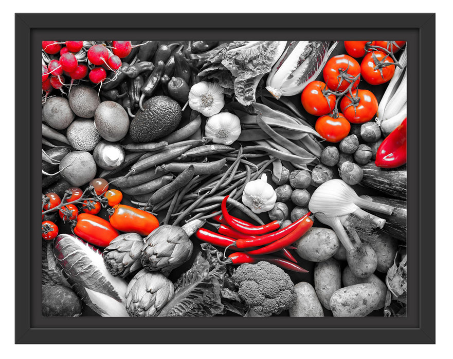 Pixxprint Bunte Gemüsemischung B&W Detail, im Schwebe-Effekt Bilderrahmen