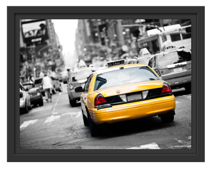 Pixxprint Gelbe Taxis am Times Square in New York B&W Detail, im Schwebe-Effekt Bilderrahmen
