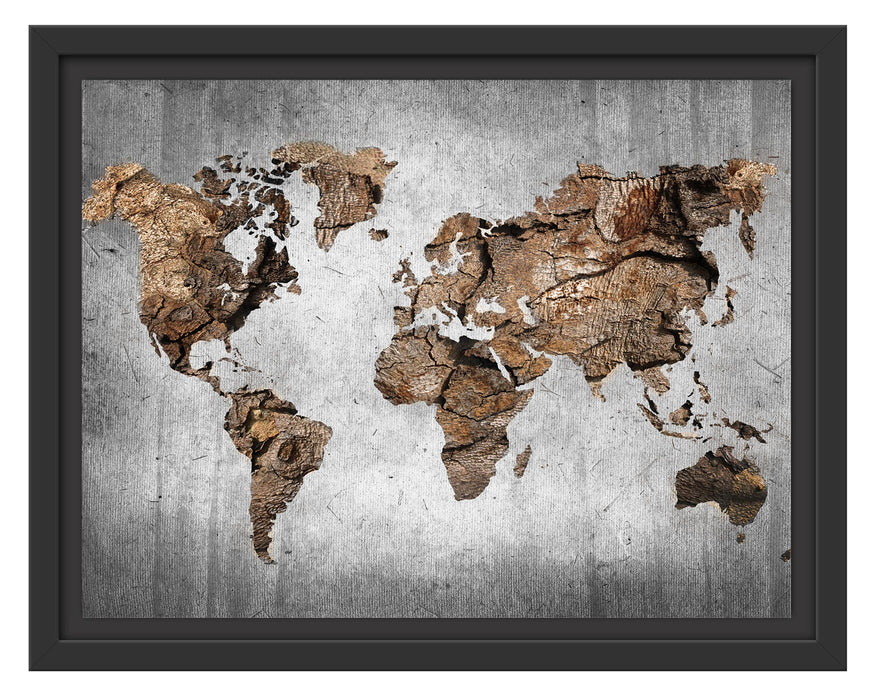 Pixxprint Weltkarte auf altem Holz B&W Detail, im Schwebe-Effekt Bilderrahmen