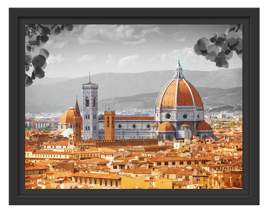 Pixxprint Hausdächer und Kirche in Florenz B&W Detail, im Schwebe-Effekt Bilderrahmen