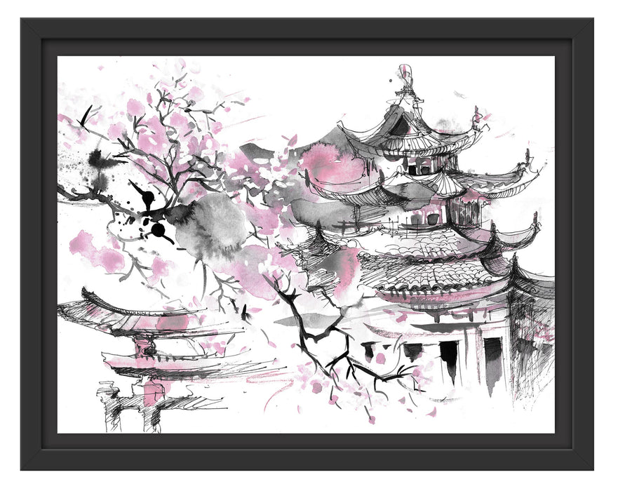 Pixxprint Japanischer Tempel Wasserfarben B&W Detail, im Schwebe-Effekt Bilderrahmen