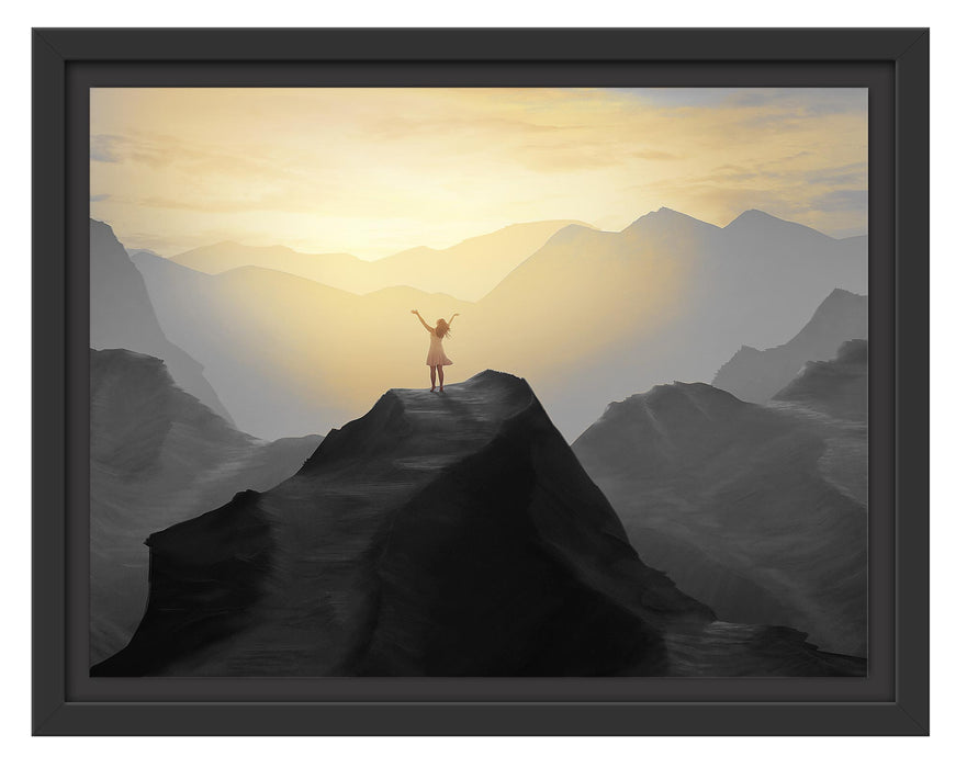 Pixxprint Einsame Frau auf Felszug Anbetung B&W Detail, im Schwebe-Effekt Bilderrahmen