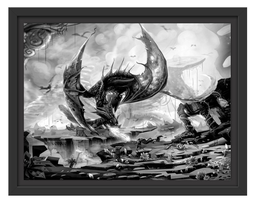 Pixxprint Kampf mit feuerspeiendem Drachen, Monochrome, im Schwebe-Effekt Bilderrahmen