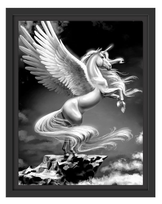 Pixxprint Geflügeltes Einhorn auf Felsen, Monochrome, im Schwebe-Effekt Bilderrahmen