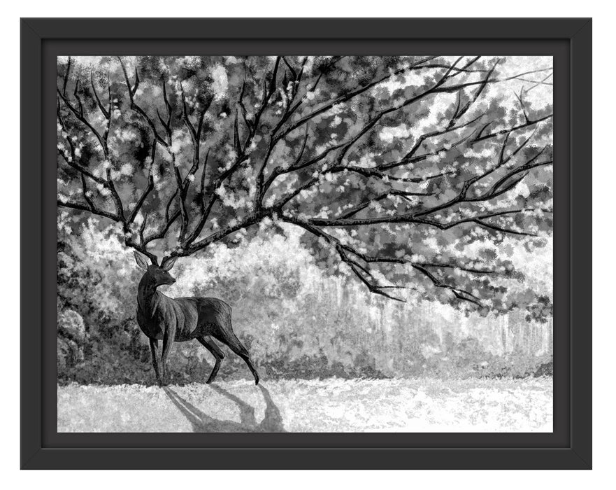 Pixxprint Fantasievoller Hirsch mit Baumgeweih, Monochrome, im Schwebe-Effekt Bilderrahmen
