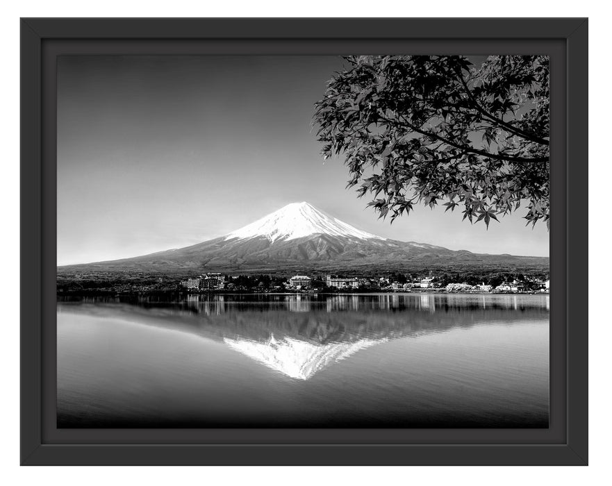 Pixxprint Berg Fujiyama mit herbstlich rotem Baum, Monochrome, im Schwebe-Effekt Bilderrahmen