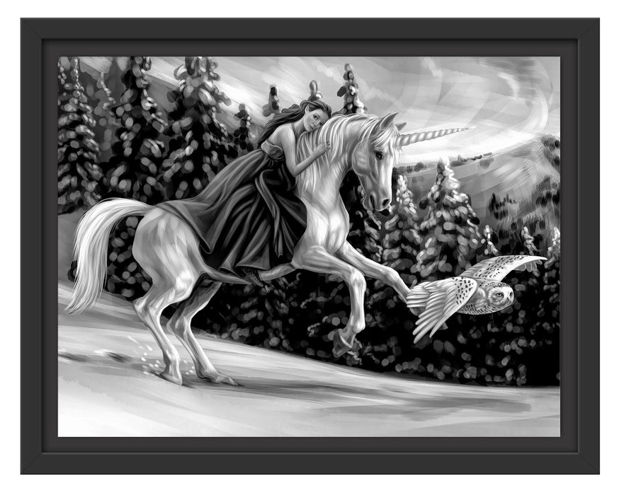 Pixxprint Mädchen reitet auf Einhorn im Winter, Monochrome, im Schwebe-Effekt Bilderrahmen