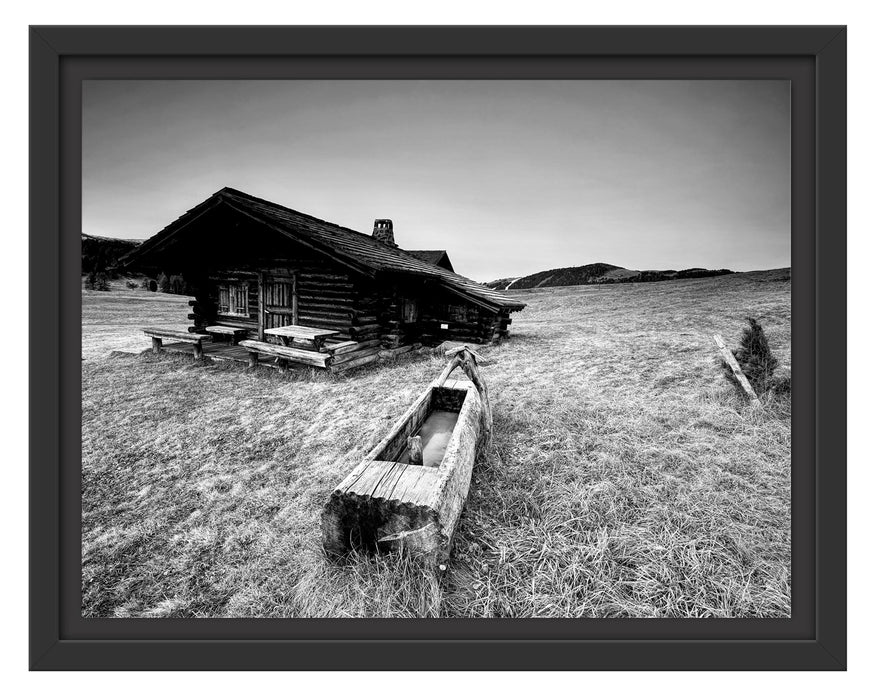 Pixxprint Blockhaus mit Wassertrog Dämmerung, Monochrome, im Schwebe-Effekt Bilderrahmen