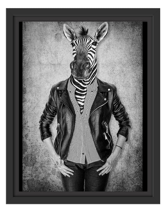 Pixxprint Zebrakopf Menschenkörper mit Lederjacke, Monochrome, im Schwebe-Effekt Bilderrahmen