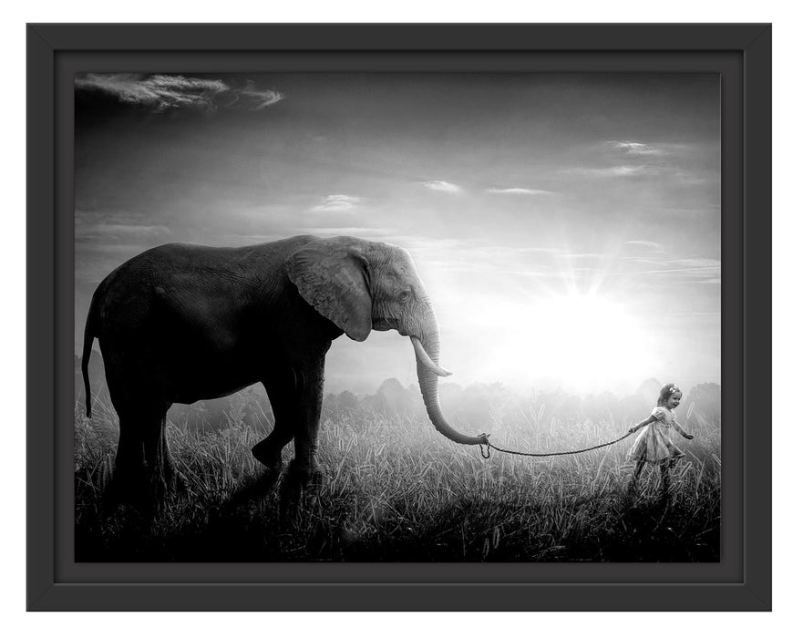 Pixxprint Kind und Elefant bei Sonnenuntergang, Monochrome, im Schwebe-Effekt Bilderrahmen