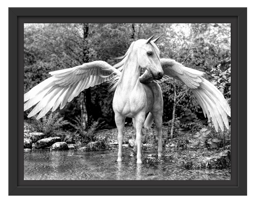 Pixxprint Pegasus im Fluss eines Herbstwaldes, Monochrome, im Schwebe-Effekt Bilderrahmen