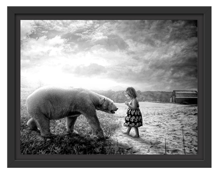 Pixxprint Eisbär im Sommer und Mädchen im Winter, Monochrome, im Schwebe-Effekt Bilderrahmen