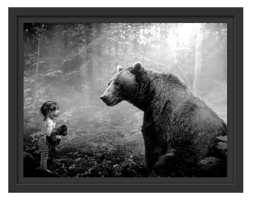 Pixxprint Mädchen mit Teddy und Bär im Wald, Monochrome, im Schwebe-Effekt Bilderrahmen