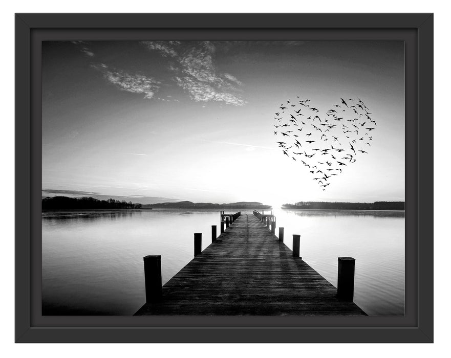 Pixxprint Steg mit Vogelschwarm in Herzform, Monochrome, im Schwebe-Effekt Bilderrahmen