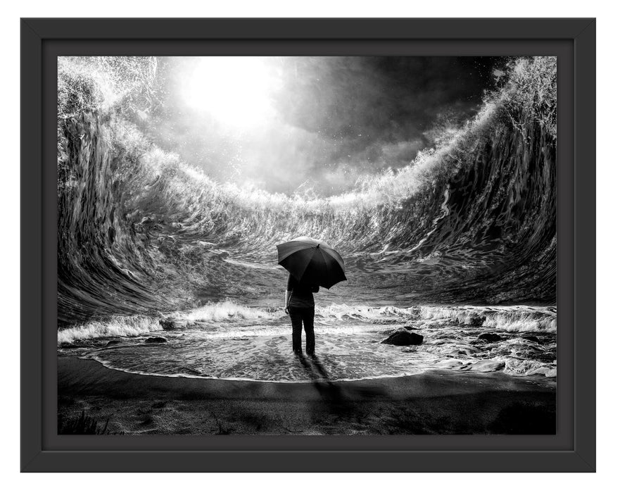 Pixxprint Hohe Wellen um Menschen mit Regenschirm, Monochrome, im Schwebe-Effekt Bilderrahmen