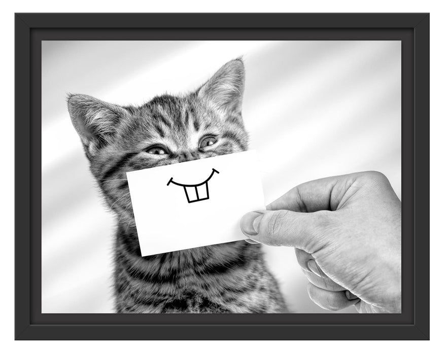 Pixxprint Lustige Katze mit Lächeln auf Papier, Monochrome, im Schwebe-Effekt Bilderrahmen