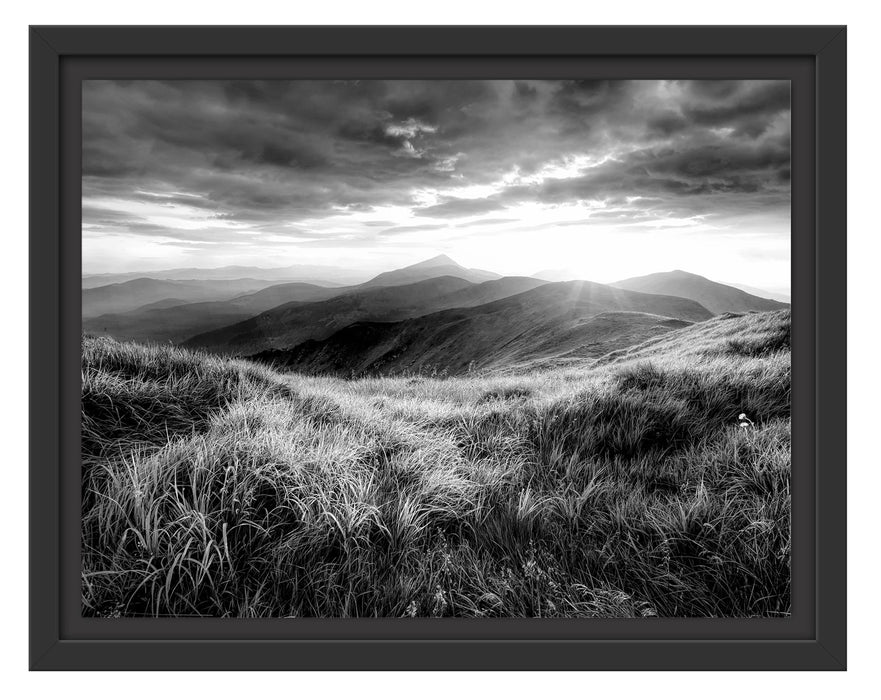 Pixxprint Sommerliche Bergwiese Sonnenuntergang, Monochrome, im Schwebe-Effekt Bilderrahmen