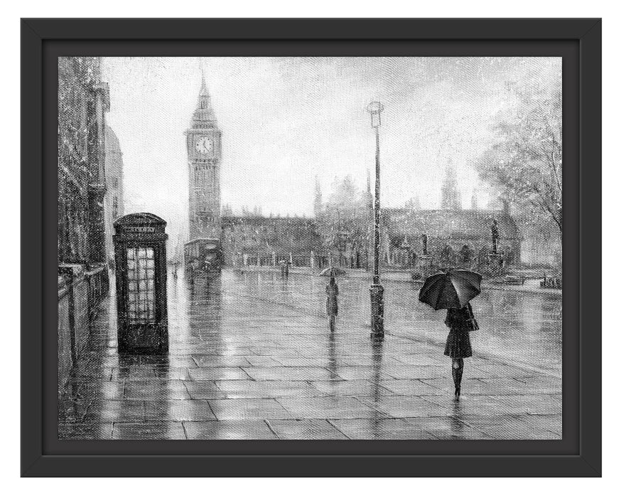 Pixxprint Regentag in London mit Big Ben, Monochrome, im Schwebe-Effekt Bilderrahmen