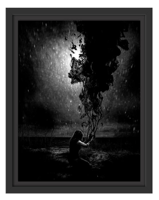 Pixxprint Kniende Frau mit dunklen Dämonen, Monochrome, im Schwebe-Effekt Bilderrahmen