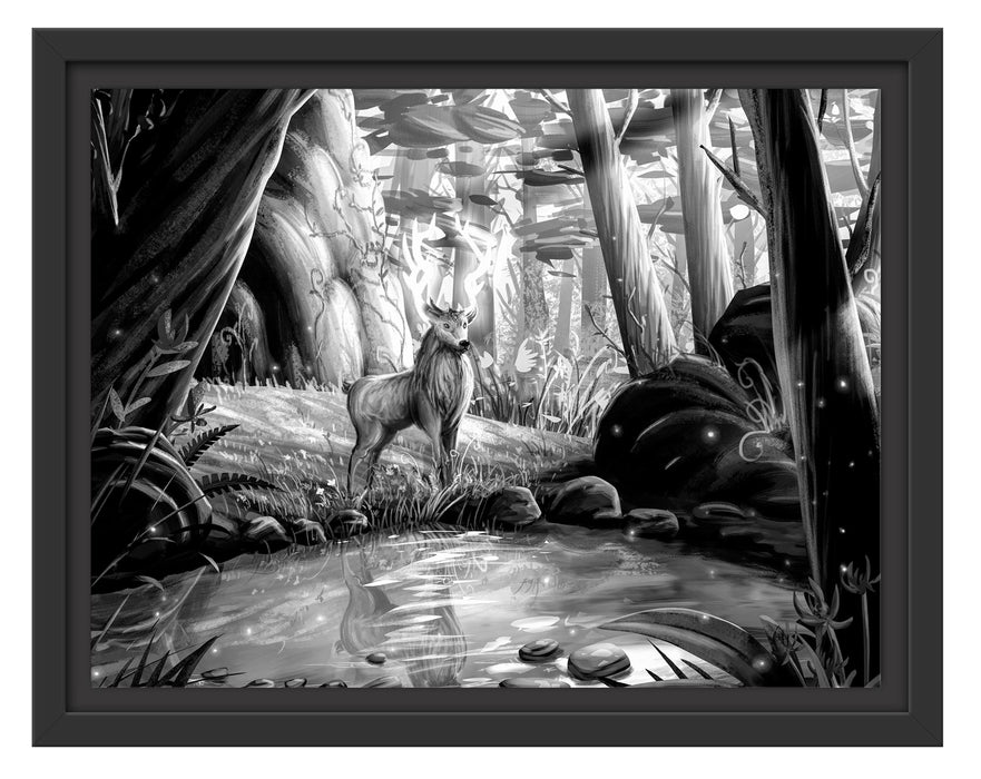 Pixxprint Märchenhafter Hirsch an buntem Waldsee, Monochrome, im Schwebe-Effekt Bilderrahmen