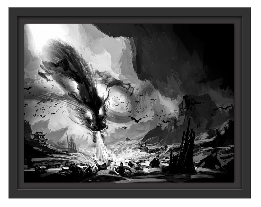 Pixxprint Böser Wasserdrache greift Dorf an, Monochrome, im Schwebe-Effekt Bilderrahmen