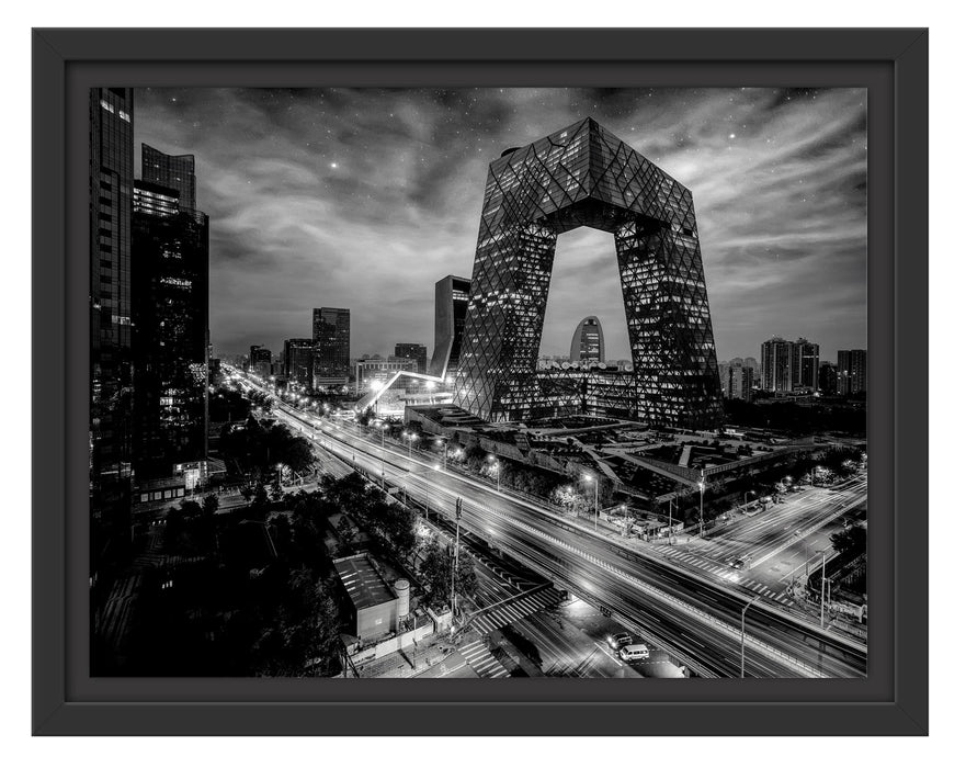 Pixxprint Straßenlichter bei Nacht in Peking, Monochrome, im Schwebe-Effekt Bilderrahmen