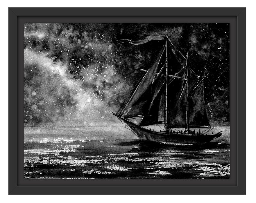 Pixxprint Rotes Segelboot in Sternenheller Nacht, Monochrome, im Schwebe-Effekt Bilderrahmen