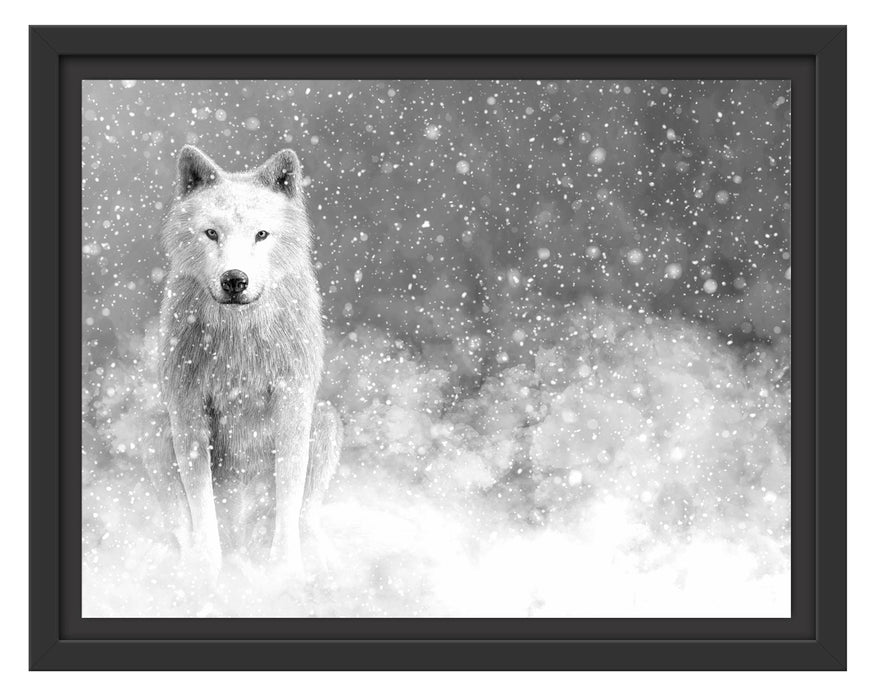 Pixxprint Majestätischer weißer Wolf im Schnee, Monochrome, im Schwebe-Effekt Bilderrahmen