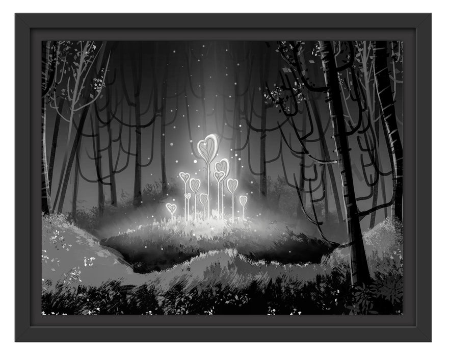 Pixxprint Leuchtende Zauberblumen im Wald, Monochrome, im Schwebe-Effekt Bilderrahmen