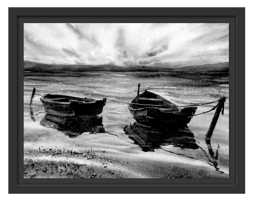 Pixxprint Zwei angeleinte Boote bei Sonnenuntergang, Monochrome, im Schwebe-Effekt Bilderrahmen