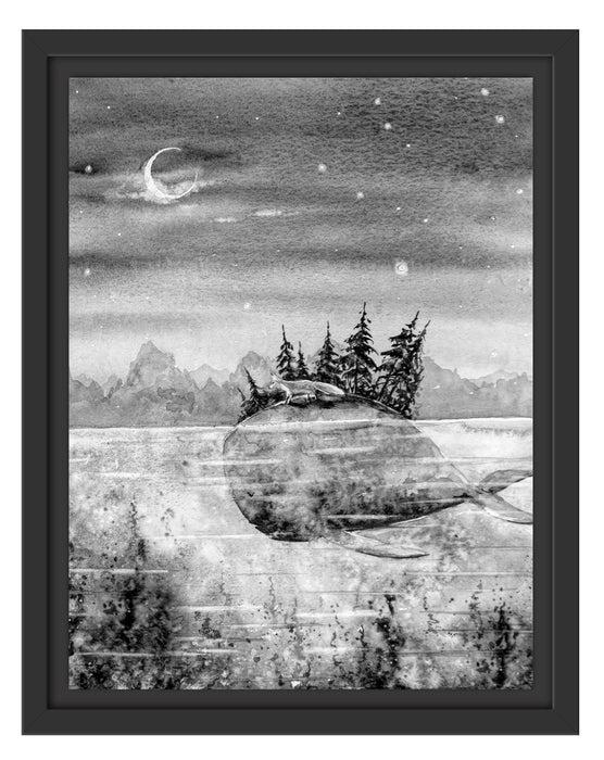 Pixxprint Fuchs reitet auf Wal bei Nacht, Monochrome, im Schwebe-Effekt Bilderrahmen