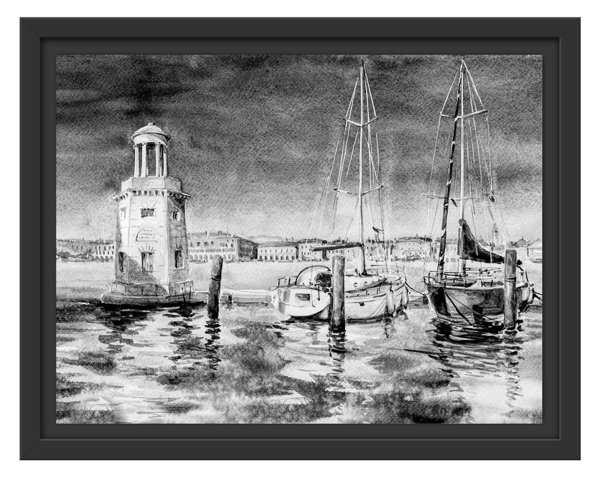 Pixxprint Segelschiffe im Hafen Venedigs, Monochrome, im Schwebe-Effekt Bilderrahmen