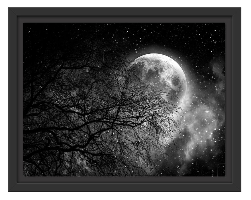 Pixxprint Winterbaum vor Vollmondnacht, Monochrome, im Schwebe-Effekt Bilderrahmen