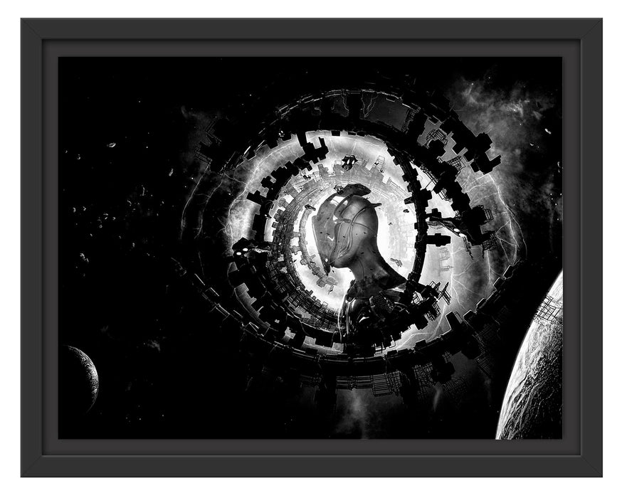 Pixxprint Abstraktes Auge mit Alien im Weltraum, Monochrome, im Schwebe-Effekt Bilderrahmen