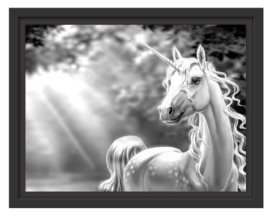 Pixxprint Magisches Einhorn im Zauberwald, Monochrome, im Schwebe-Effekt Bilderrahmen