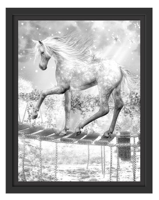 Pixxprint Einhorn läuft über Hängebrücke, Monochrome, im Schwebe-Effekt Bilderrahmen