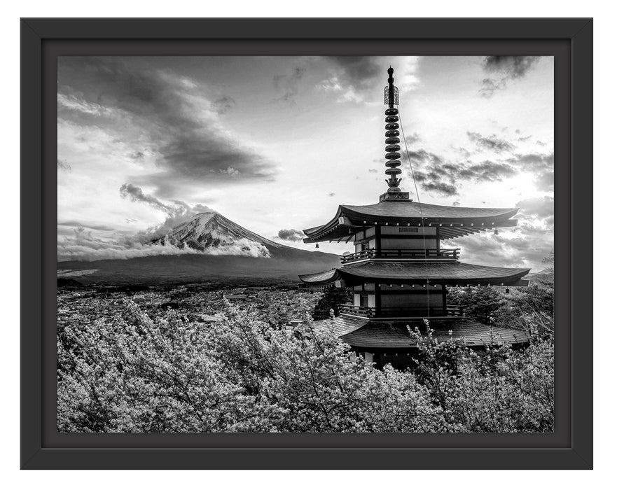 Pixxprint Japanischer Tempel zwischen Kirschblüten, Monochrome, im Schwebe-Effekt Bilderrahmen