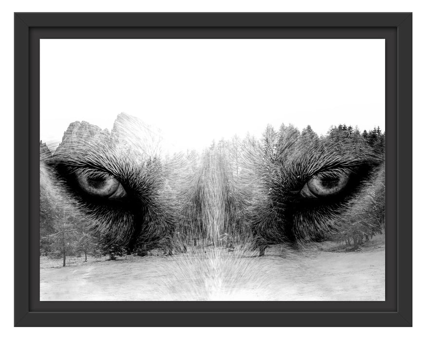 Pixxprint Overlay Wolfsaugen über Winterwald, Monochrome, im Schwebe-Effekt Bilderrahmen