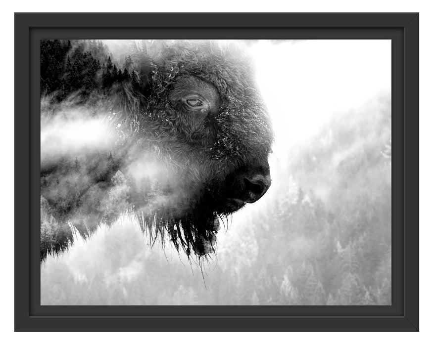 Pixxprint Wildes Bison in nebeligem Wald, Monochrome, im Schwebe-Effekt Bilderrahmen