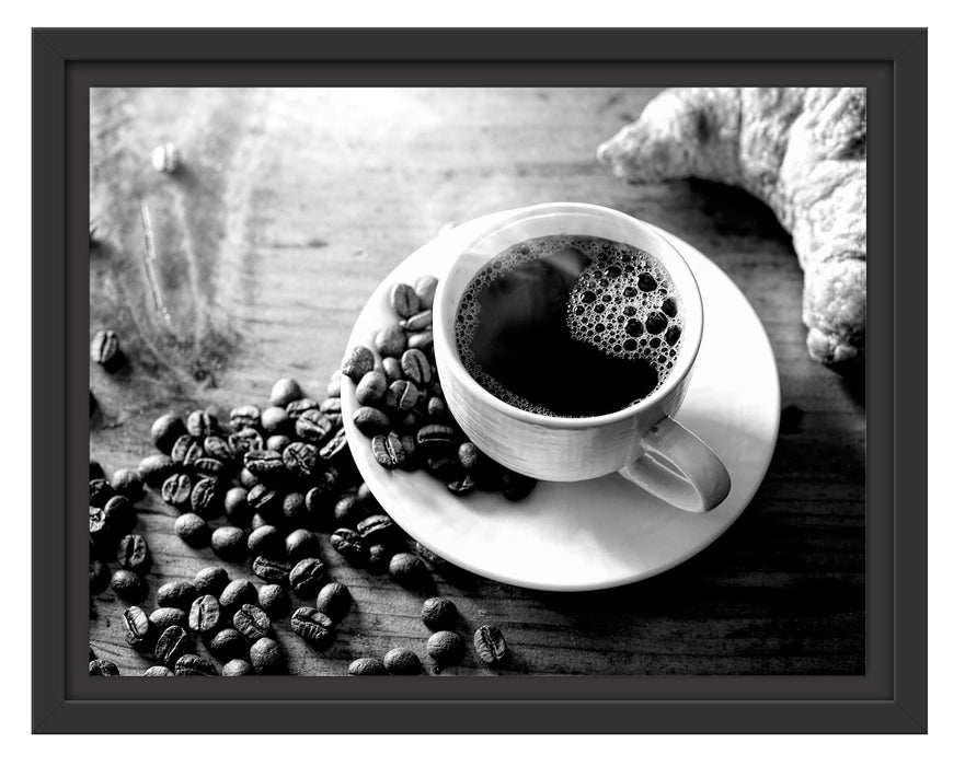 Pixxprint Tasse Kaffee mit Bohnen und Croissant, Monochrome, im Schwebe-Effekt Bilderrahmen