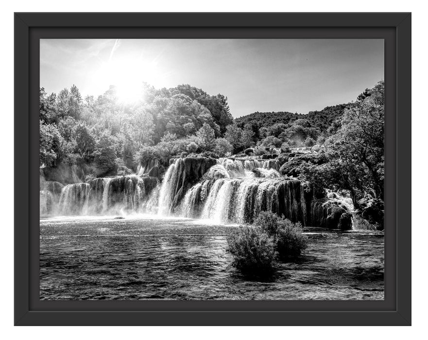 Pixxprint Wasserfälle im Herbst bei Sonnenuntergang, Monochrome, im Schwebe-Effekt Bilderrahmen