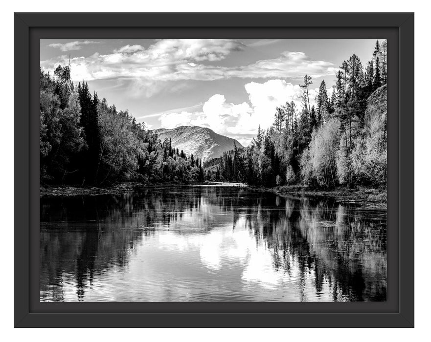 Pixxprint Bergsee mit Herbstwald, Monochrome, im Schwebe-Effekt Bilderrahmen