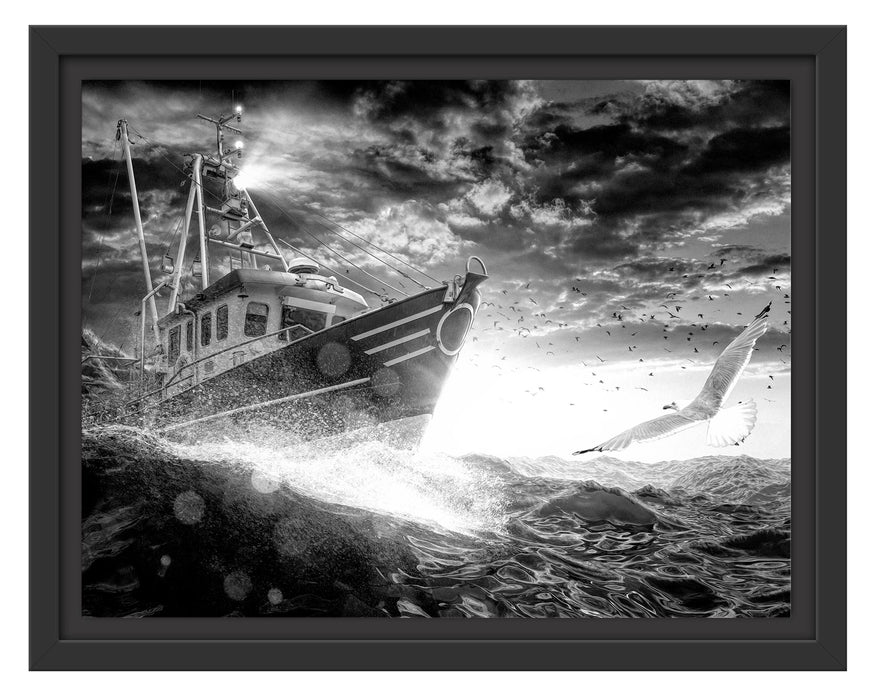 Pixxprint Fischerboot im Sturm auf hoher See, Monochrome, im Schwebe-Effekt Bilderrahmen