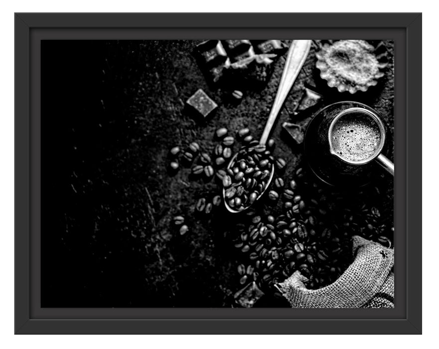 Pixxprint Kaffeebohnen und Schokolade von oben, Monochrome, im Schwebe-Effekt Bilderrahmen