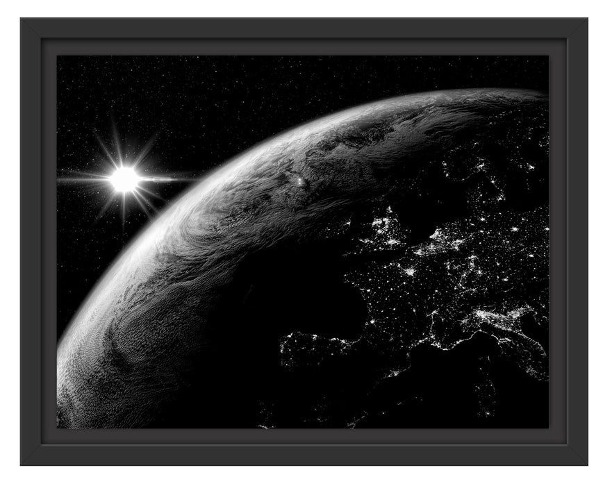 Pixxprint Erdkugel im All mit Lichtern, Monochrome, im Schwebe-Effekt Bilderrahmen