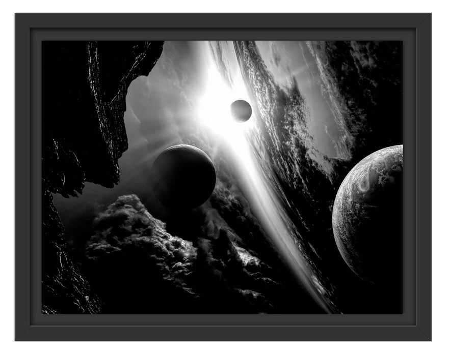 Pixxprint Abstrakte Planeten im Weltraum, Monochrome, im Schwebe-Effekt Bilderrahmen