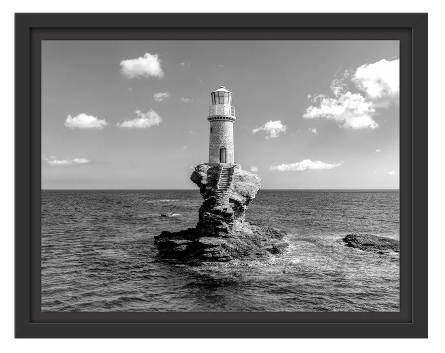 Pixxprint Leuchtturm auf kleiner Insel im Meer, Monochrome, im Schwebe-Effekt Bilderrahmen