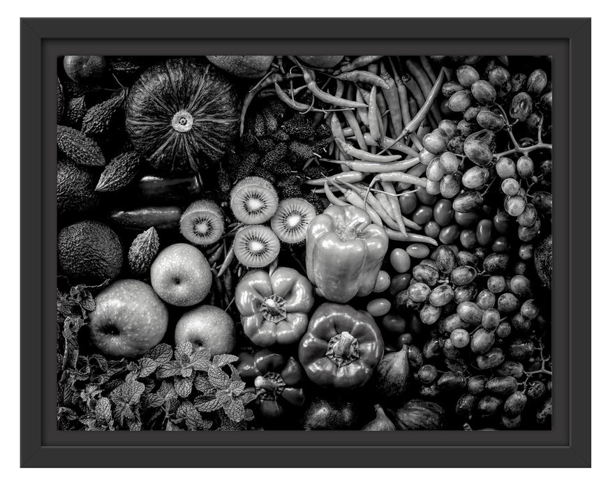 Pixxprint Verschiedene bunte Früchte von oben, Monochrome, im Schwebe-Effekt Bilderrahmen