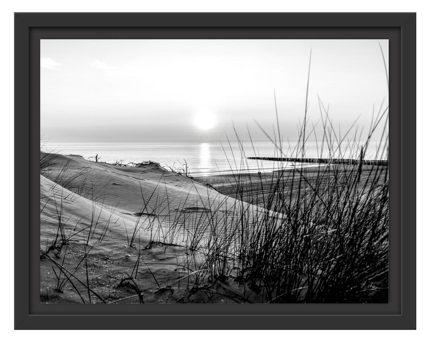 Pixxprint Dünenblick auf Meer bei Sonnenuntergang, Monochrome, im Schwebe-Effekt Bilderrahmen
